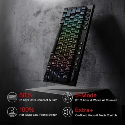 Redragon K632 PRO Noctis 60% Bluetooth/2.4Ghz/Wired RGB Mechanical Ultra-Thin w/No-Lag - Linear Red Switch